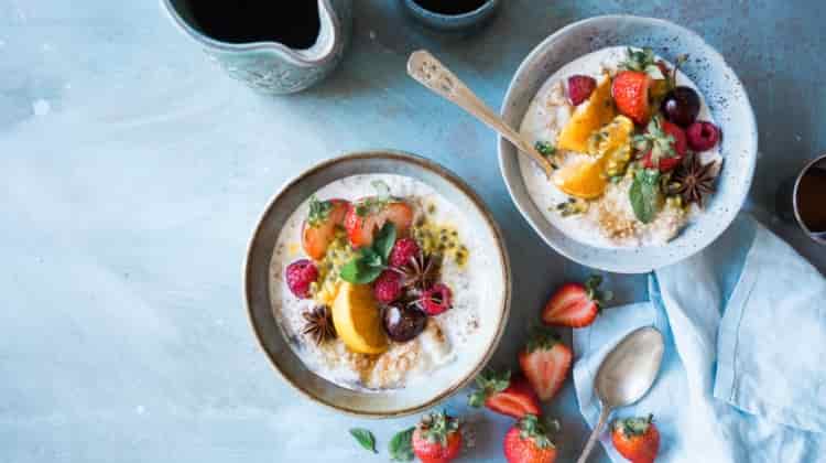 Healthy looking breakfast with yoghurt and fruit